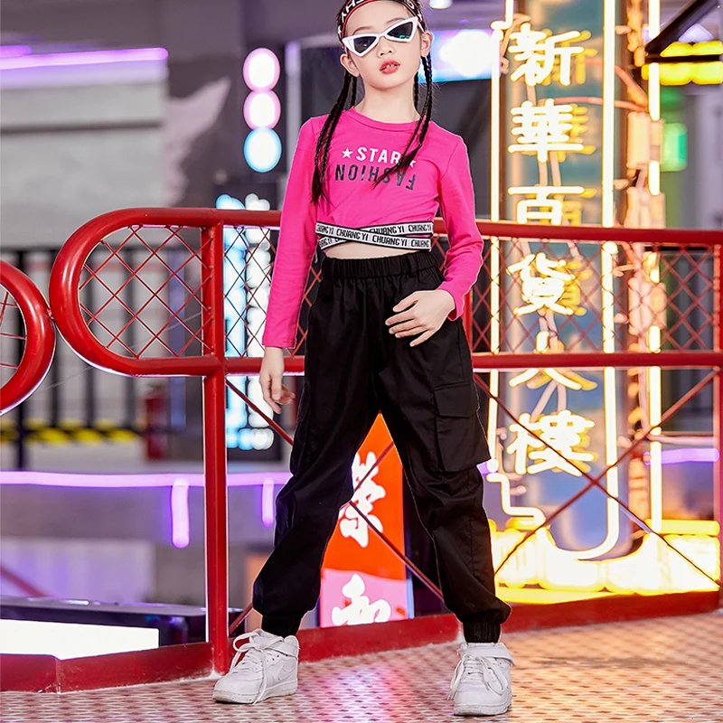 

2021 Girls Hip Hop Clothes Long Sleeves Dance Practice Tops Hip Hop Black Pants Jazz Dance Costume Ballroom Dance Dress Child