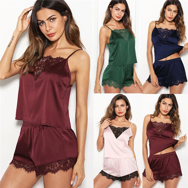 

Sexy Pajamas Set Women Sleeveless Straps Crop Tops and Shorts Nightwear Casual Loose Lace Satin Pijama Set