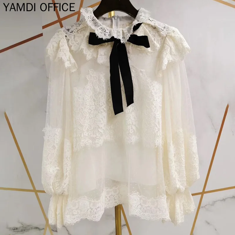 YAMDI, однотонная белая блузка для женщин, Подиумные топы с оборками,, с бантом, с вырезами, кружевная, элегантная, сексуальная, вечерние, Клубная, с хвостом, осенняя, Роскошная блузка