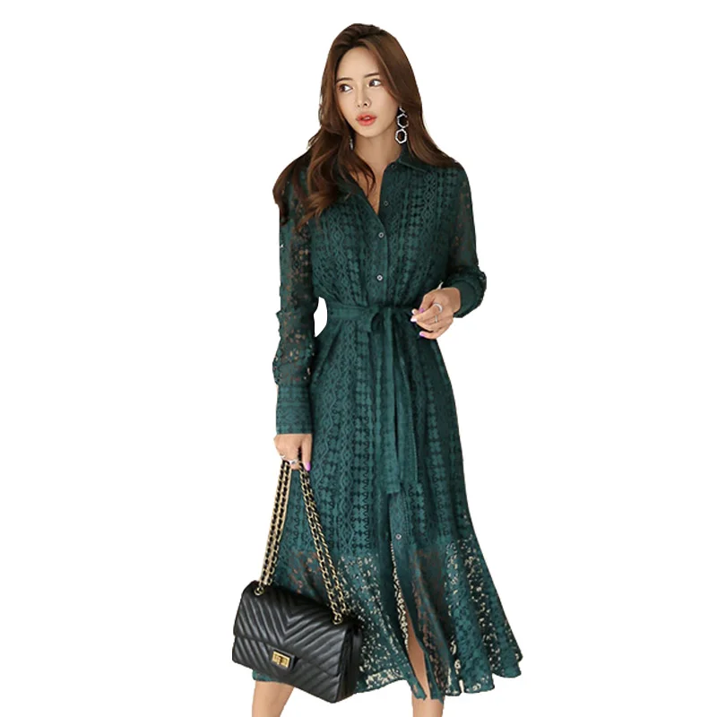 

Spring Autumn Long Sleeve Lace Dress Retro Single Breasted Fishtail Long Party Dresses Women Robes With Sashes TA5076
