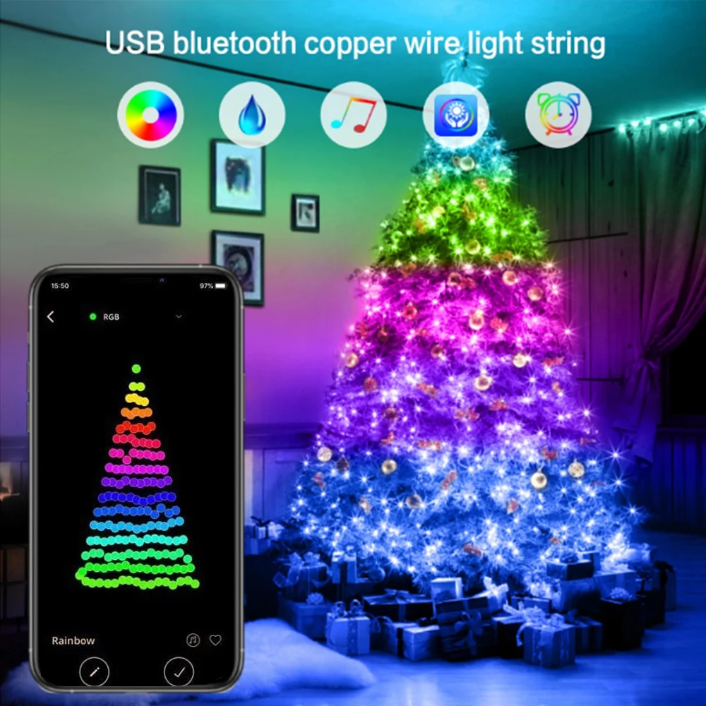 

Рождественская гирлянда, светодиодная USB-гирлянда с Bluetooth, Сказочная лампа, новогоднее и Рождественское украшение, Рождественская елка, дом...