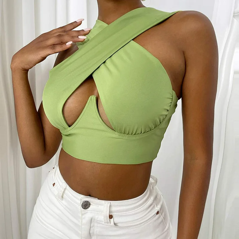 

2021 Women's Cross Vest Sexy Sleeveless Solid Color Hollowed Out Front Cut Top Club Street Fashion Summer Women's Tight Top