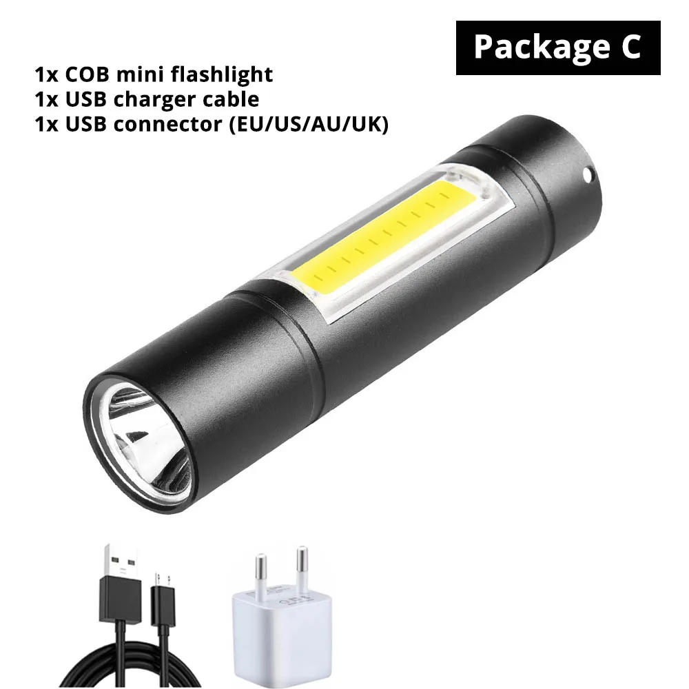 Package C USB Перезаряжаемый Фонарик 3 режима освещения COB+ XPE светодиодный мини-фонарик водонепроницаемый портативный используется для кемпинга, велоспорта, работы и т. д - Испускаемый цвет: Package C
