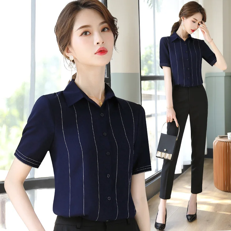 

women's summer temperament stripe foreign style versatile casual white collar work clothes work clothes commuting top