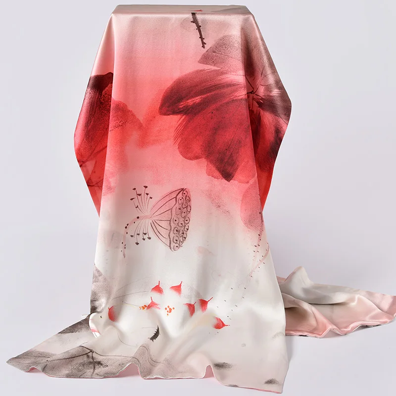 

★Hangzhou silk scarves women silk silk mulberry silk lotus printing versatile spring and autumn double Scarf Shawl mother