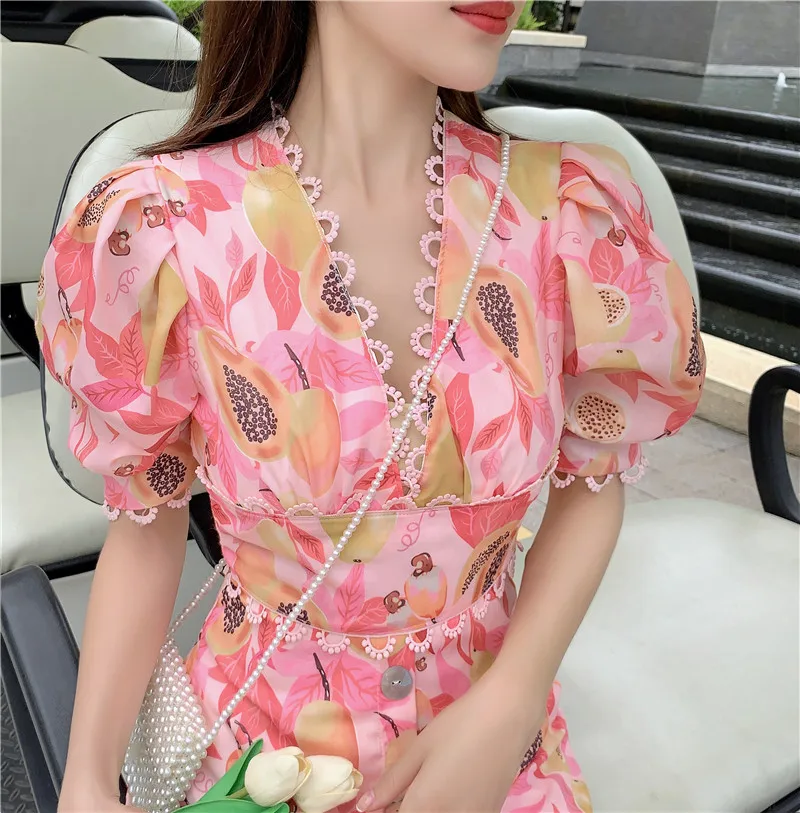 

2021 Sexy V-neck Lace Trim Puff Sleeve Summer Long Midi Dress Women French Vintage Printed High Waist Beach Party Dresses Robe