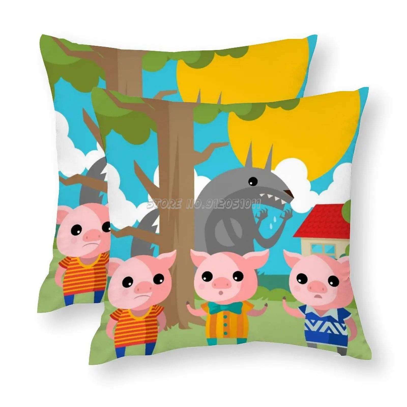 Three Little Pigs Tale Pillow Case Home Decorative Square Printing Cover Throw Sofa Cushion Grass Tree Sun House Forest V | Дом и сад