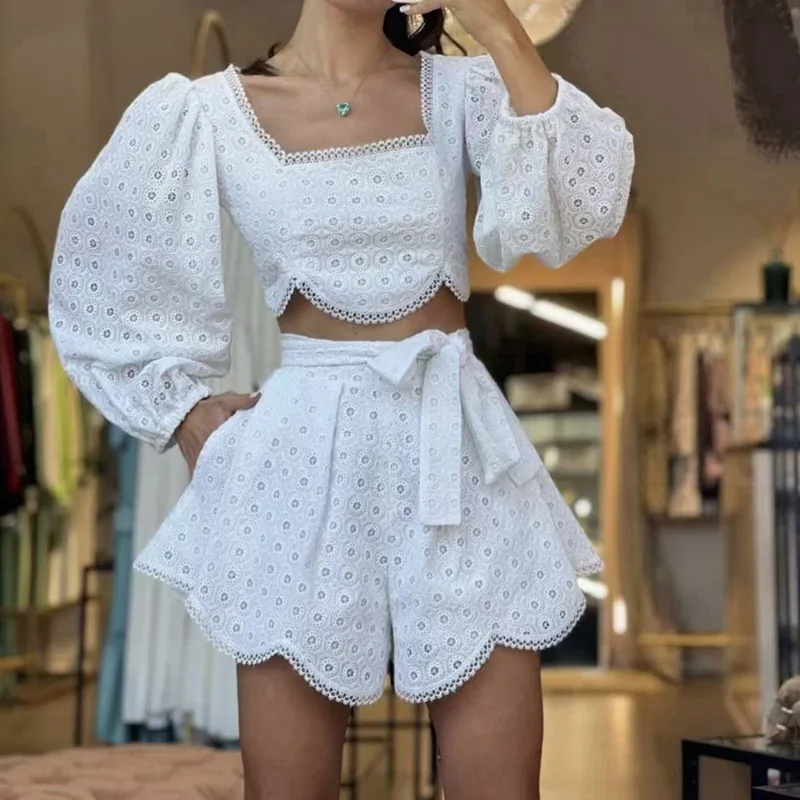 

SuperAen Solid Pants Suit 2021 Summer Square Collar Puff Sleeve Top+high Waist Lace-up Crocheted Hollow Out Shorts