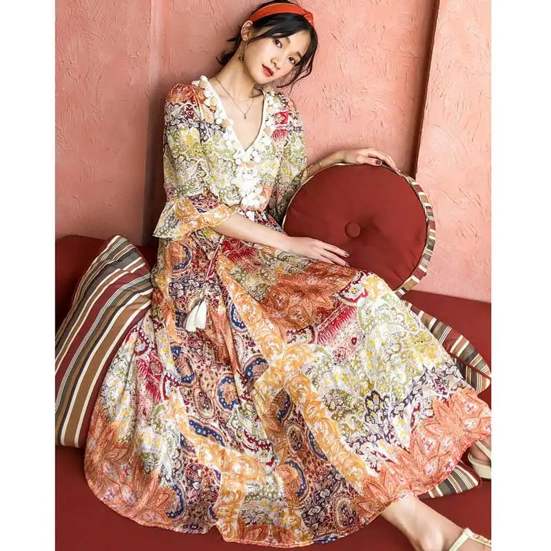 Женское длинное платье в стиле бохо Цыганское Платье с бахромой V образным