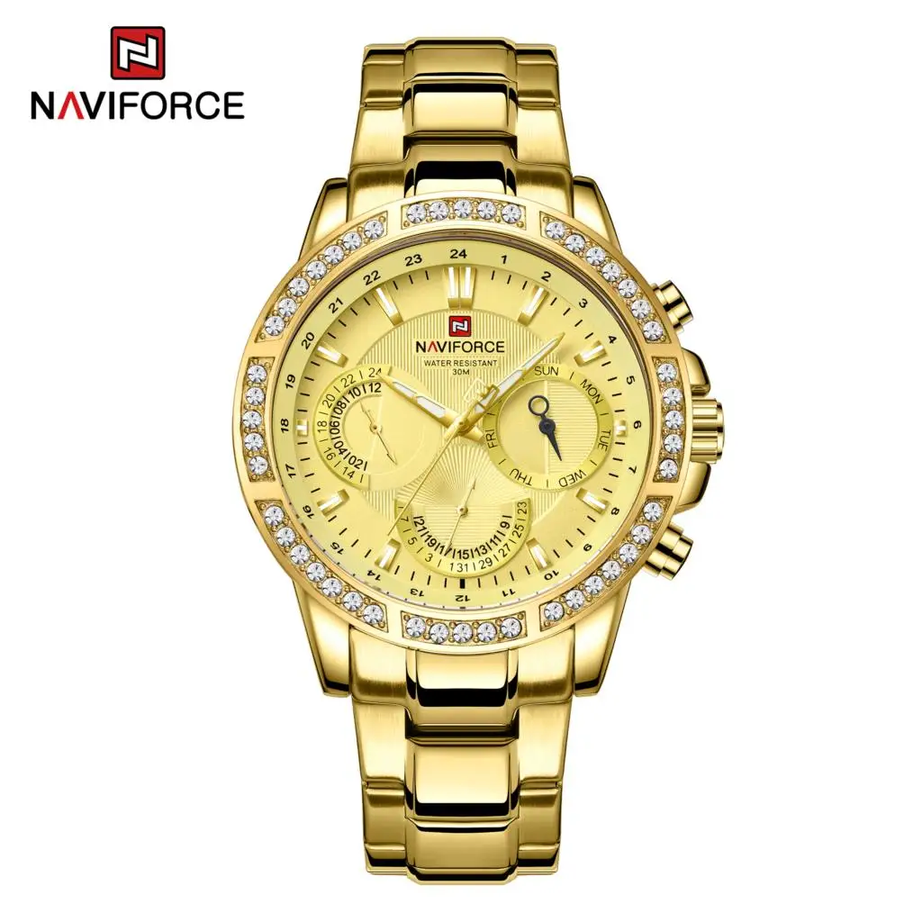 

NAVIFORCE Men Watch Quartz Luxury Fashion Casual Gold Stainless Steel 30M Waterproof Day Date Relogio Masculino 2022 New NF9196