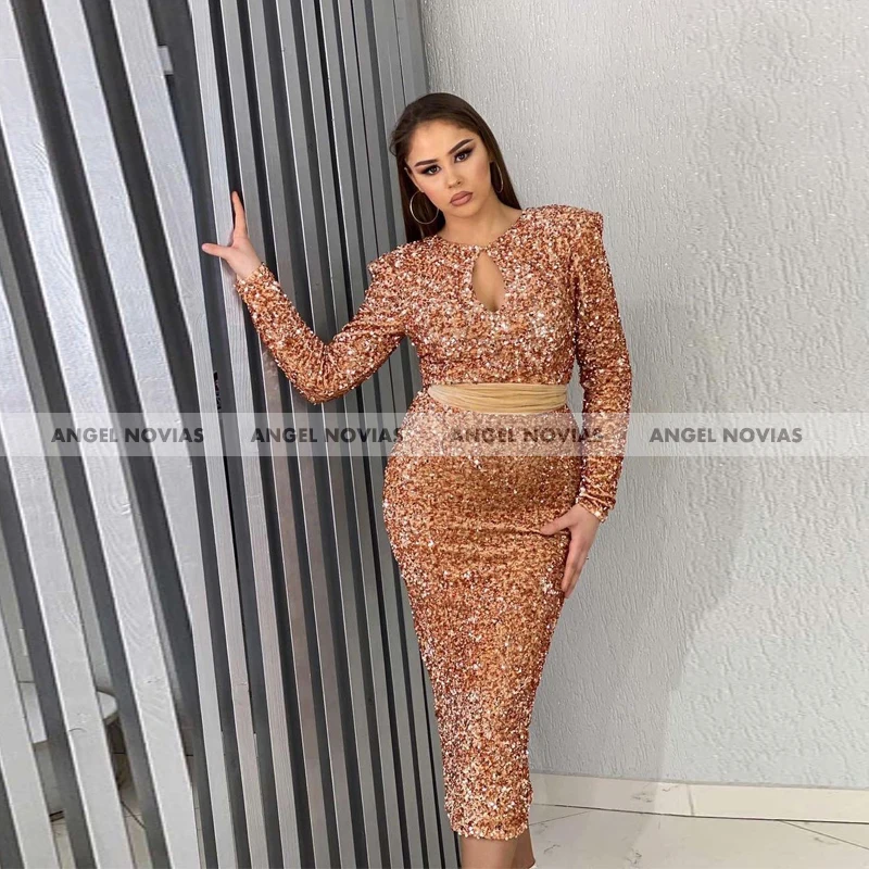 

Женское платье с блестками ANGEL NOVIAS, длинное арабское вечернее платье цвета шампанского с длинным рукавом, 2021