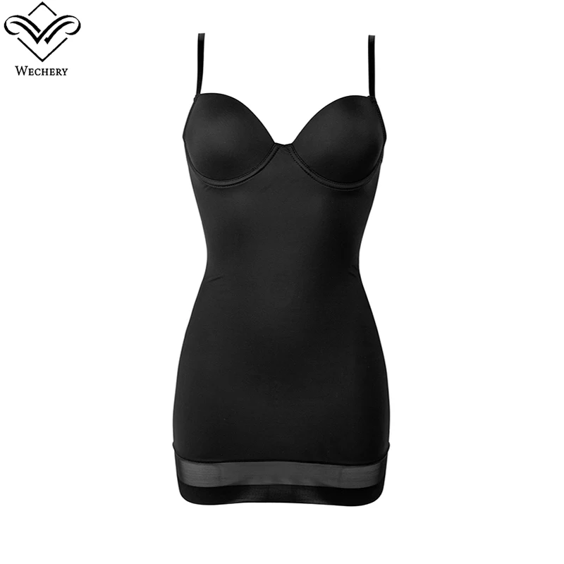 Wechery XXL Full Control Slips With Underwire Cup Women Body Shapers Stretchable Safety Underwear Dress Strap Black