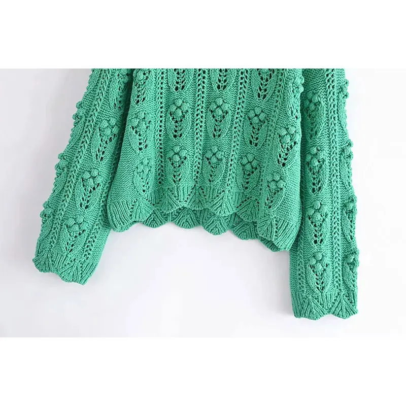 

PPYQYKX Za TOP 2021 Women's Autumn Fashion Hollow Green Knit Pullover Women's Retro Casual Sexy Round Neck Long Sleeve Sweater