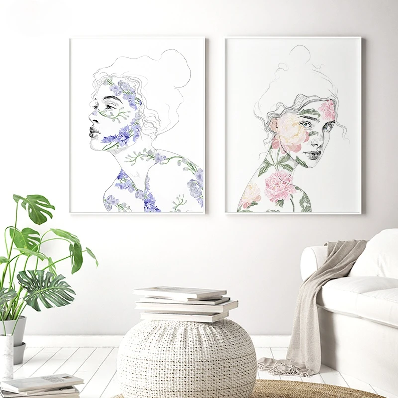 

Modern Popular Art Colorful Flower Women Body Line Canvas Painting Print Nordic Wall Art Posters For Living Room Home Decor
