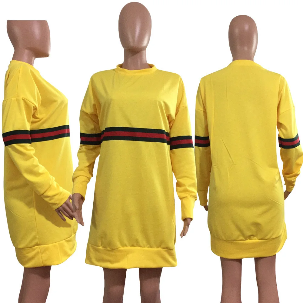 Женское платье свитшот в полоску с круглым вырезом и длинным рукавом|Женские