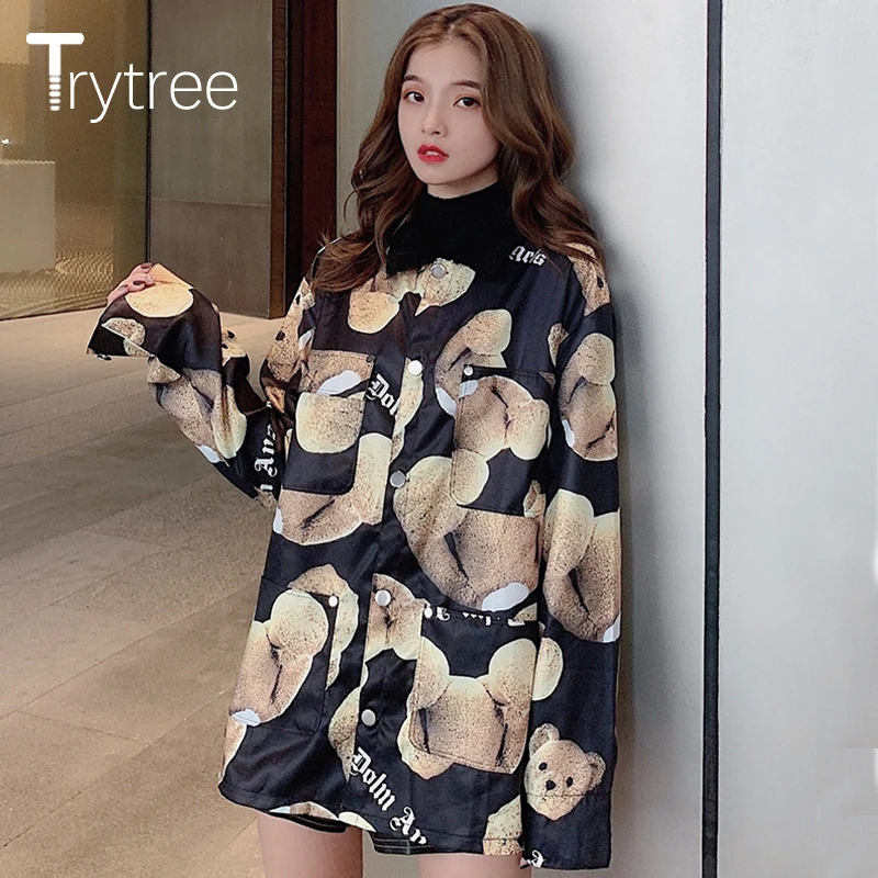 Trytree Женская Повседневная Блузка с отложным воротником однобортная Свободная