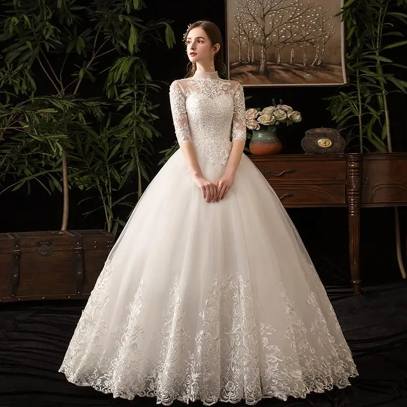 Свадебное платье с коротким рукавом, с 100 см шлейфом, Vestido De Novia, новое зимнее винтажное, высокий вырез, открытая спина, кружевное бальное платье, большие размеры - Цвет: D39 Floor length