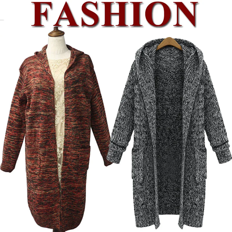 Женский Повседневный Свободный кардиган зимний свитер средней длины с капюшоном