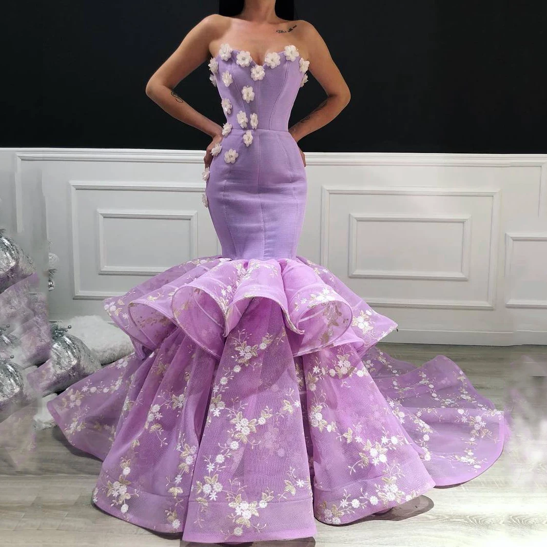 

Purple Elegant Evening Dresses Long Mermaid Sweetheart Appliques 3D Flowers Ruffles Plus Size Women Prom Pageant Dress Custom