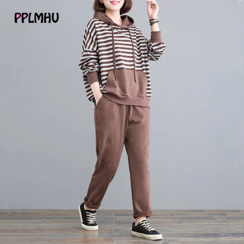 Spring Casual Loose Striped Hooded 2 Piece Sets Sweatshirt And Harem Pants Tracksuit Oversized 4XL Korean Sweatsuit Women Outfit