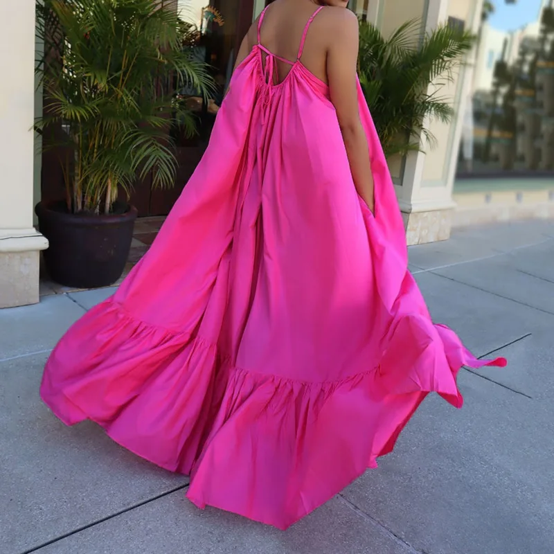 

2020 Celmia Summer Dress Women Sexy Sleeveless Ruffled Maxi Long Dress Casual Loose Solid Pleated Beach Vestido Robe 2021