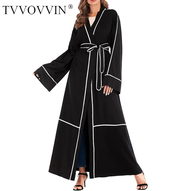 

TVVOVVIN Panelled Middle East Stripes Cardigan Muslim Robe Adjustable Waist Plus Size Solid Dress Long Coat Women K8WR