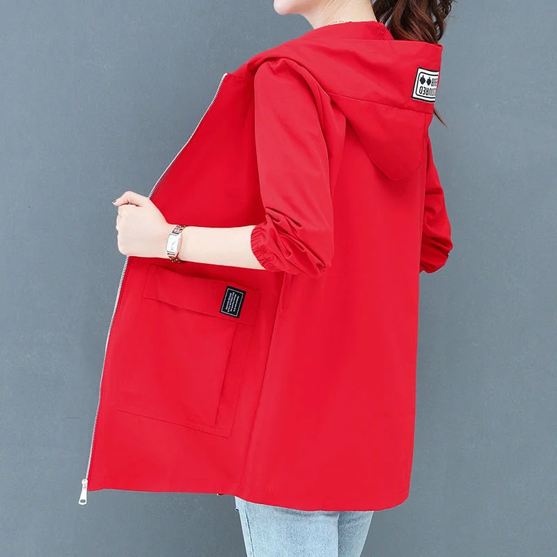 

Women 2021 Spring Solid Windbreaker Jacket New Fashion Women's Mid-length Big Pocket Coat Loose Oversize Hooded Zipper Outerwear