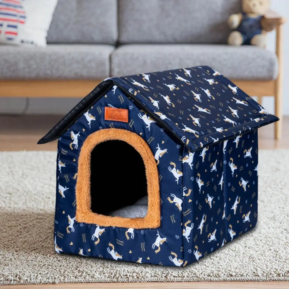 

Зимний теплый домик для кошек, милое узорное гнездо для собак с принтом, переносной водонепроницаемый съемный собачья будка с плюшевым ковр...