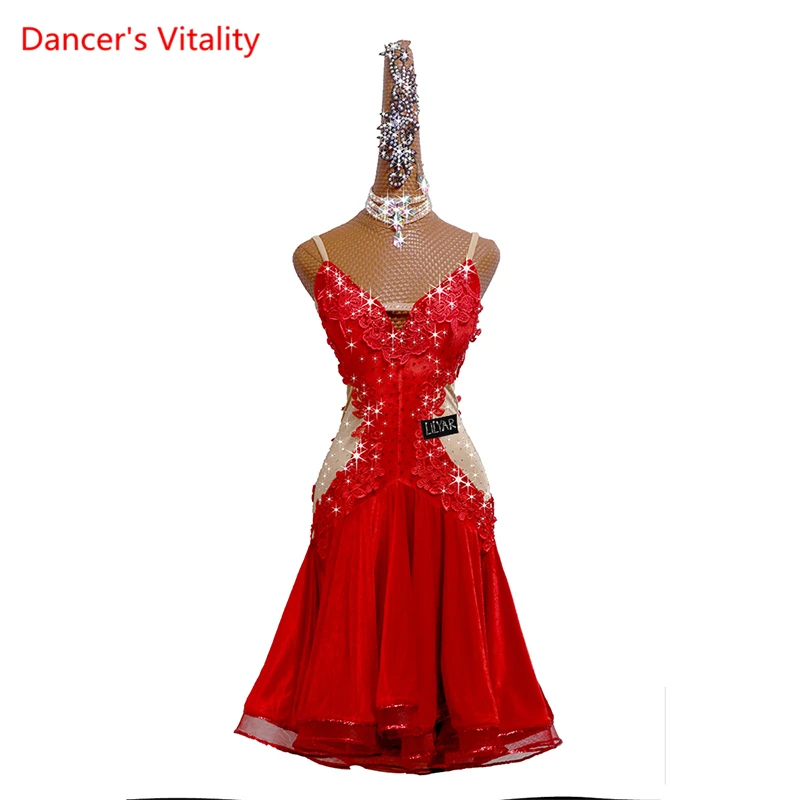 

Latin Dance Dress Sexy Suspenders Embroidered Halter Custom Dancing Skirt Adult Female Professional Costume Practice Clothes