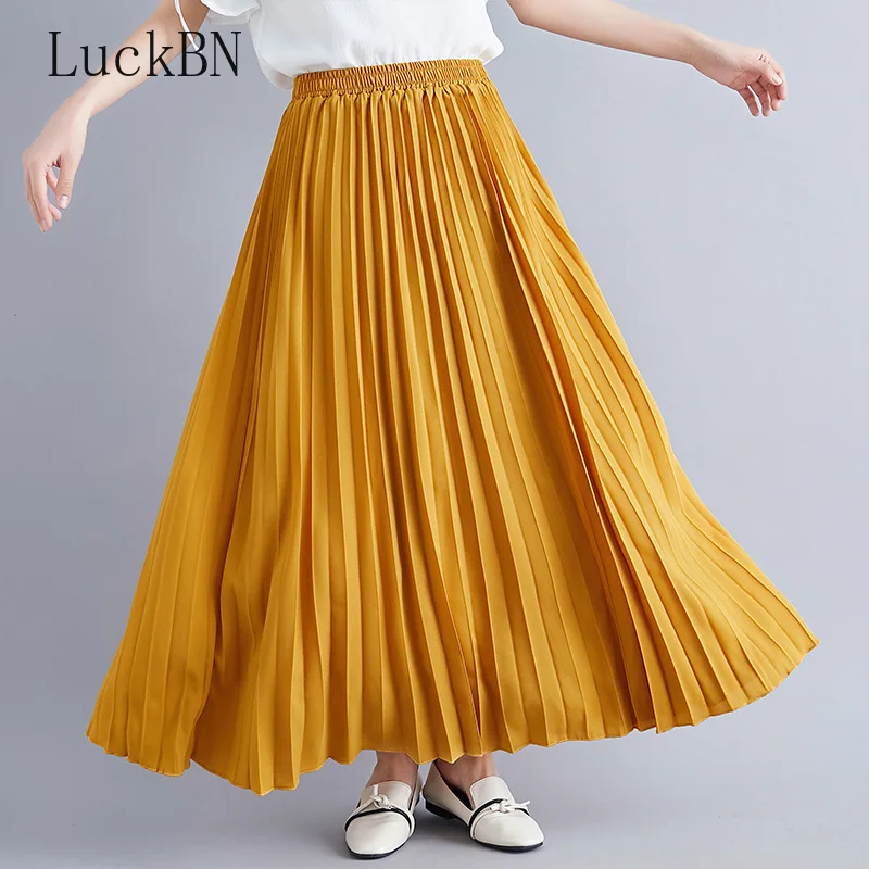 

2021 New High Waist Women's Clothing Pleated Skirts Spring Summer Minimalism Elegant Office Female Long Skirt Saia Pink White