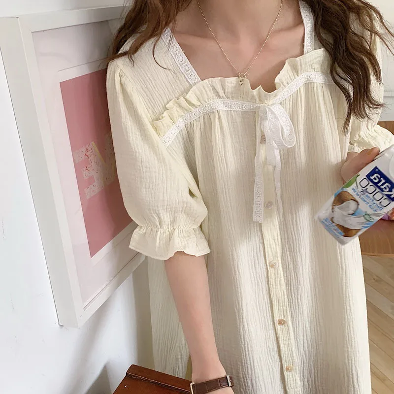 2021 Summer New Korean Home Wear Pure Cotton Lace Nightdress Decoration Bow Dress Women's Nightgown Lady Nightwear Sleepwear
