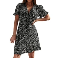 50 hot sales summer women dress deep v neck waist tight short sleeve buttons printed a line dress for office