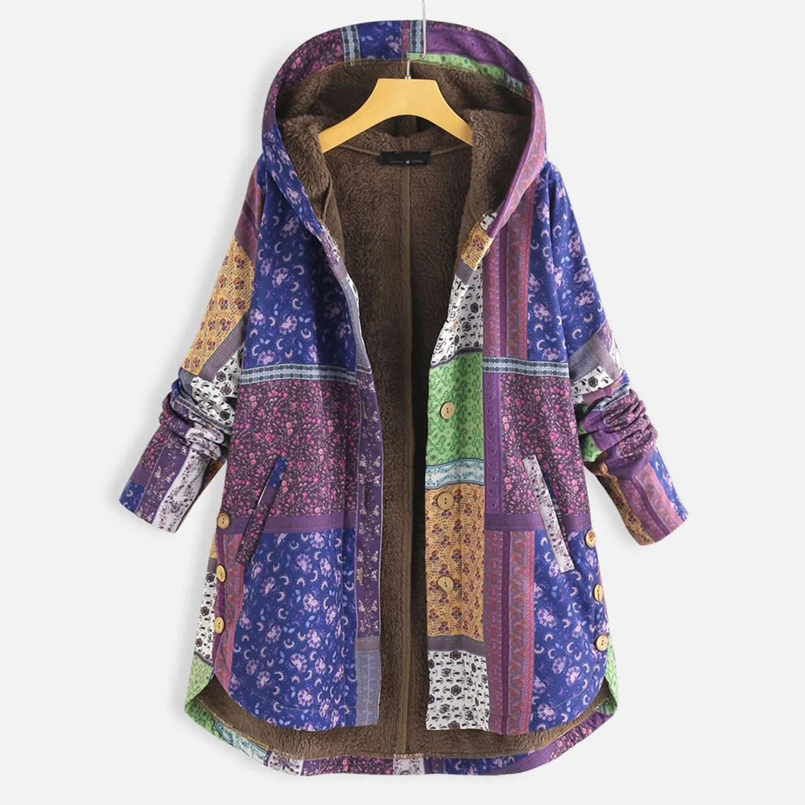 Winter Women Parka Coats Ladies Warm Outwear Ethnic Print Hooded Pockets Vintage Oversize Fleece Coats Outwear Jacket Plus Size