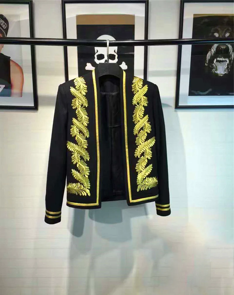 Золотой роскошный черный блейзер в полоску с вышивкой Masculino сценические костюмы