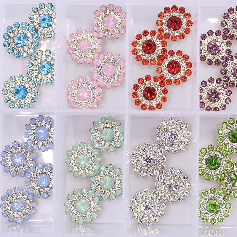 

14mm Crystal AB Sunflower Rhinestones Glass With Claw Sew On Crystal Stone Strass Diamond Metal Base For Sewing Button