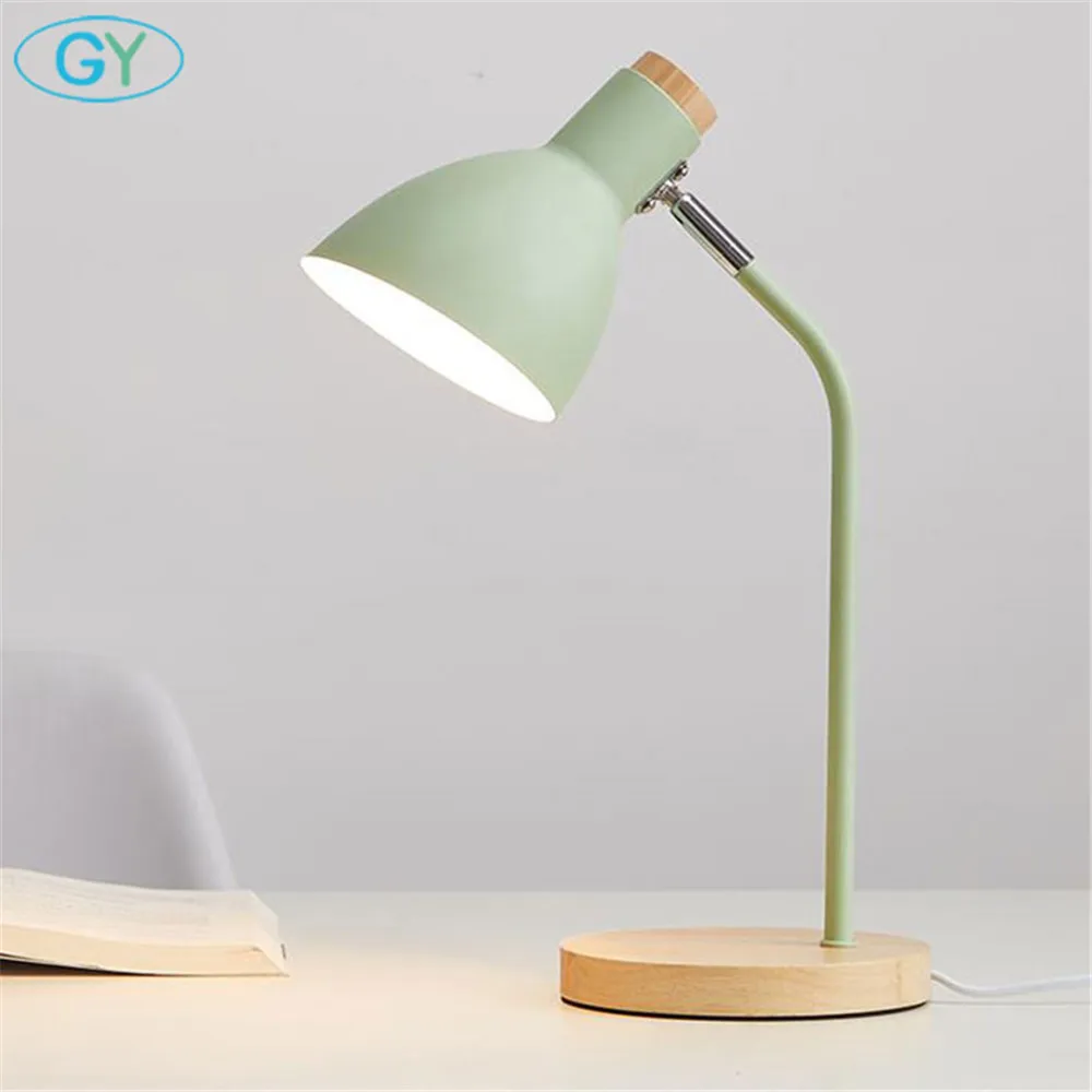 light green 110V 220V E27 дерево настольная лампа желтый Розово-серый металлический оттенок Настольный светильник прикроватный Спальня Регулируемо очки для чтения книги светильник домашний декор - Цвет абажура: light green