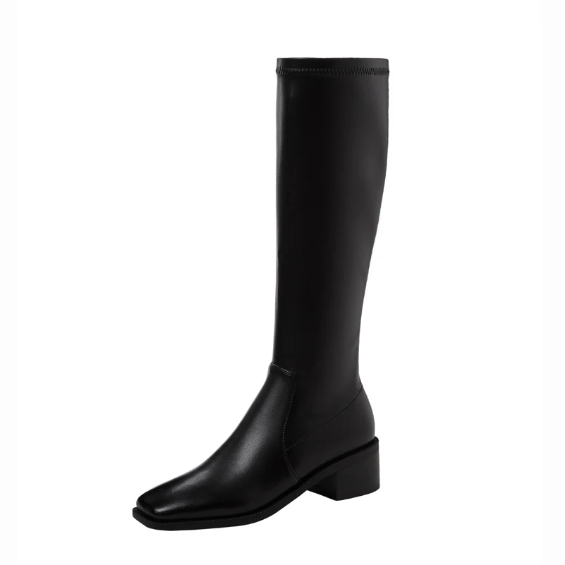 

ANNYMOLI Med Heel Knee High Boots Woman Riding Boots Zipper Square Toe Long Boots Chunky Heel Shoes Ladies Autumn Black Size 40