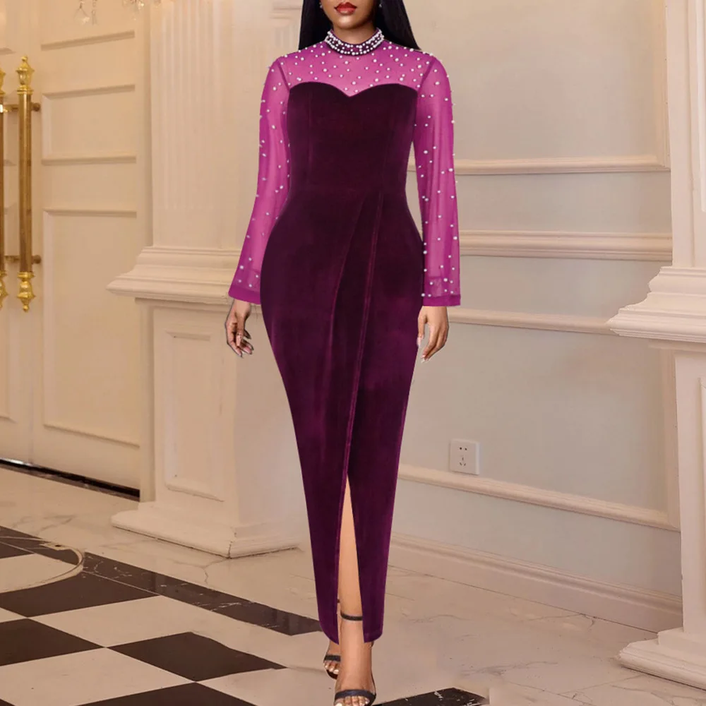 

Beading Dresses Women Autumn New 2021 Fashion Pleated Mesh Patchwork O-Neck High Waist Formal Party Purple Ladies Female Dress