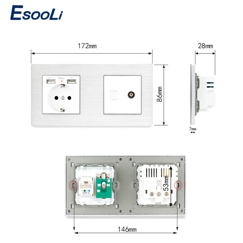 Разъем Esooli с алюминиевой металлической панелью европейского стандарта USB + 1