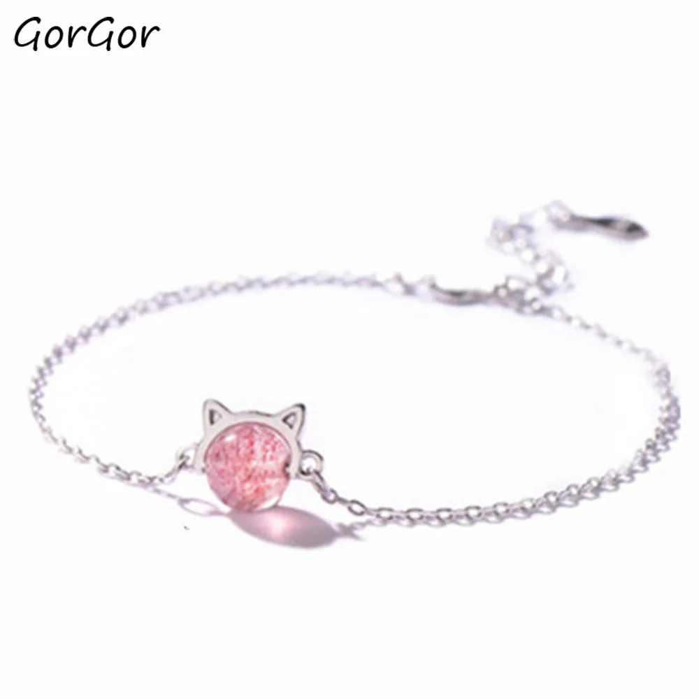 

GorGor Bracelets Women Originality Statement Minimalist Pink Crystal Cat Ears Small Fresh Exquisite Birthday Gift S007