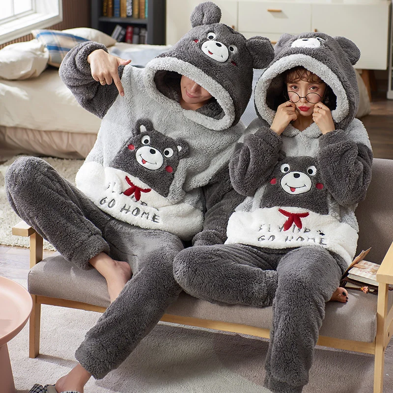 Mengyunian Winter Lovers Thickened Flannel Pajamas Set Men's And Women's Coral Velvet Cartoon Plush Home Clothes pajama set