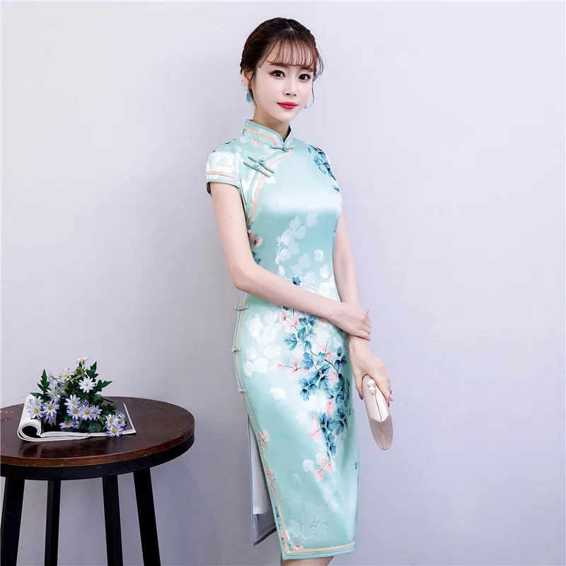 Красное китайское традиционное платье женское шелковое атласное Cheongsam винтажное Ципао летнее платье с коротким рукавом Вечерние Платья с цветочным принтом размера плюс