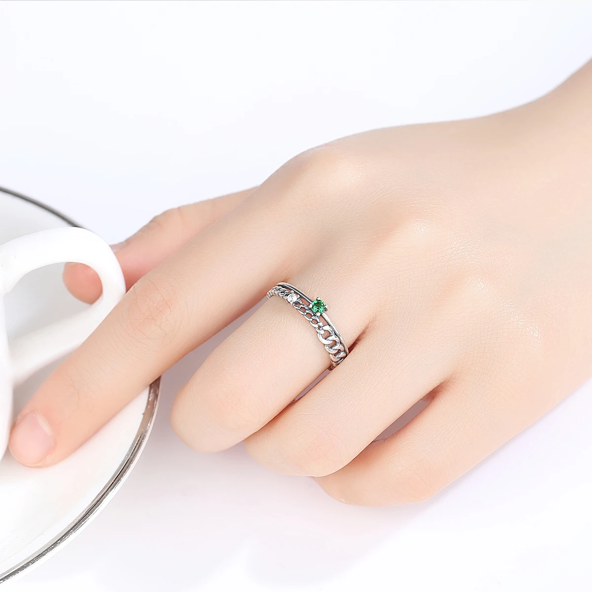 CZCITY, настоящее тайское серебро 925, зеленый драгоценный камень, изменяемый Размер, тонкие кольца для женщин и девушек, вечерние кольца для свиданий, открытые кольца, хорошее ювелирное изделие SR0242