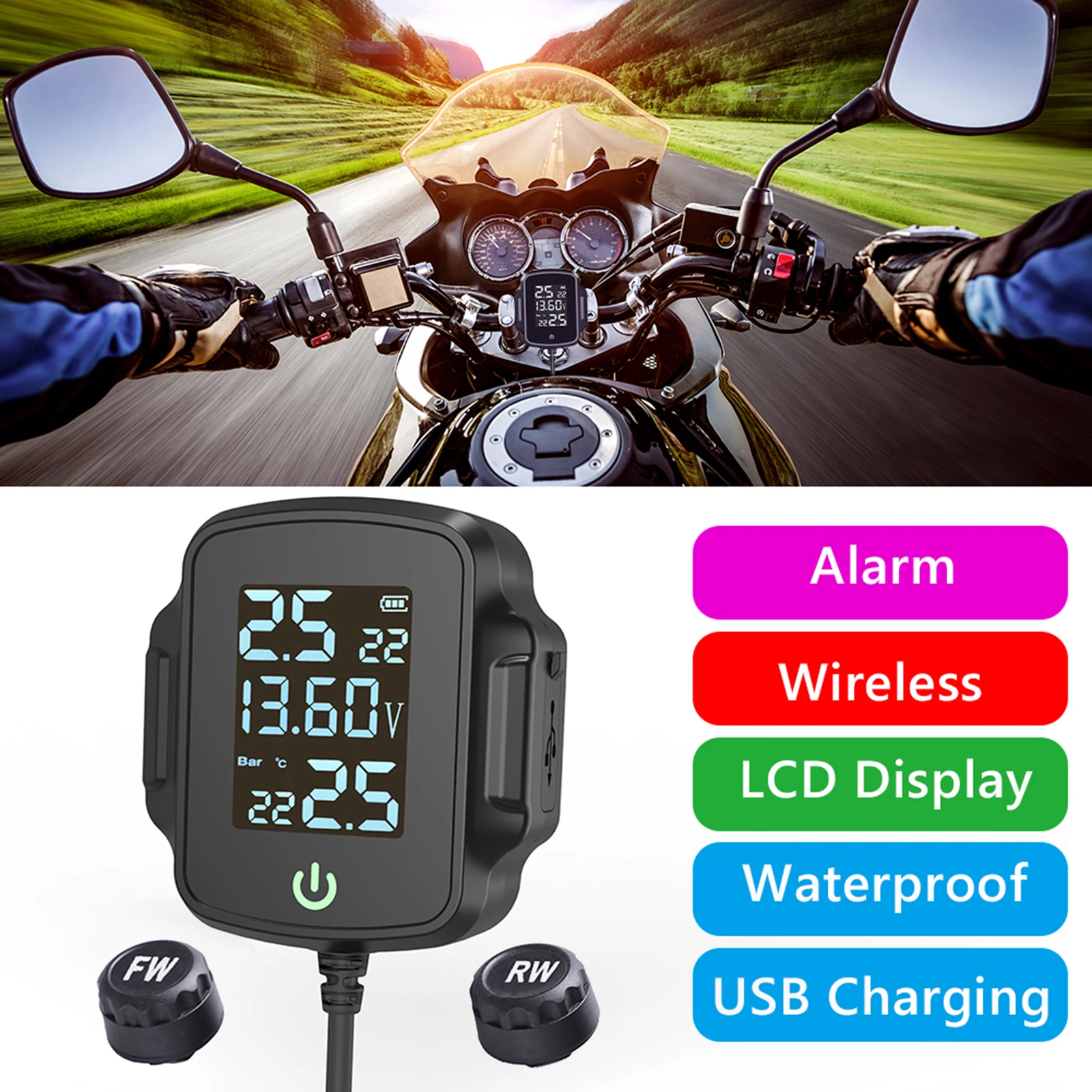 

Waterproof Digital Motorcycle TPMS Tire Pressure Monitoring System Durable Easy install with QC 3.0 USB Charger