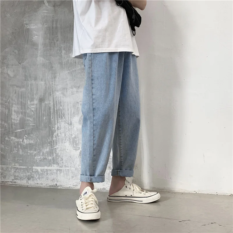 

Summer Solid Color Jeans Men's Korean Fashion Loose Casual Straight-leg Jeans Men's Harajuku Streetwear Retro Ankle-length Pants