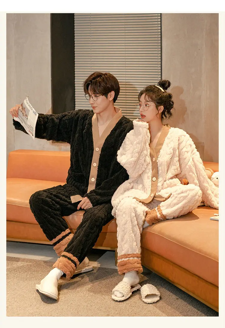 Couple Pajamas Coral Velvet Autumn and Winter Thickened Plush Men's and Women's Lovely Warm Home Set  Fashion Pajamas for Women