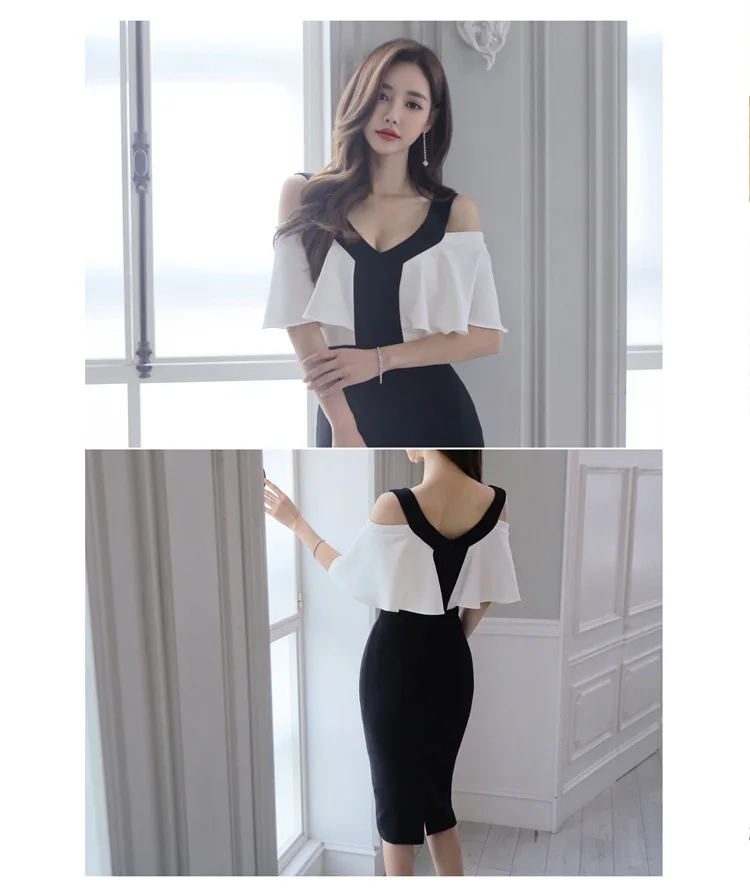 

BacklakeGirls Casual Chiffon Black And White Patchwork Women Dress Elegant Work Office Business Sheath Bodycon Dress Vestidos