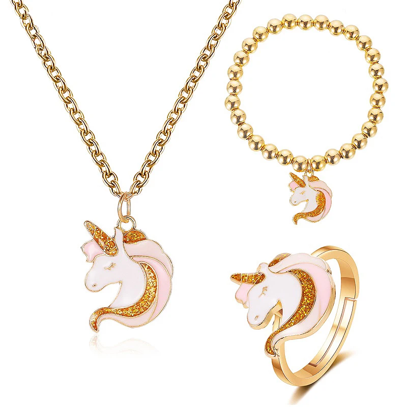 

Unicorn Jewelry Set Cartoon Cute Pony Necklace Bracelet Ring for Women Gold Color Alloy Bead Chain Jewelry Fashion Girl Gift New