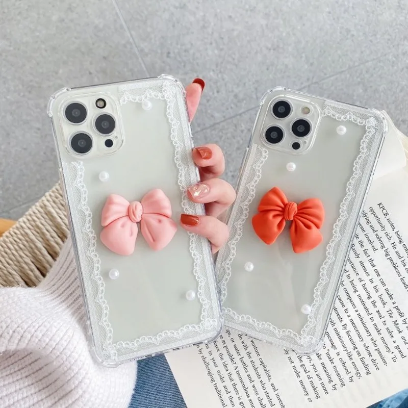 

3D Bow Lace Pearl Transparent Soft Phone Case For iphone 12 13 Pro Max mini 11 Pro 6S 7 8 Plus X XR XS SE For Samsung S21 Cover
