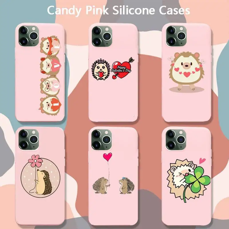 

Kawaii Hedgehog Heart Phone Case For Iphone 6 6s 7 8 Plus XR X XS XSmax 11 12 Pro Mini Max Candy Pink Silicone Cover